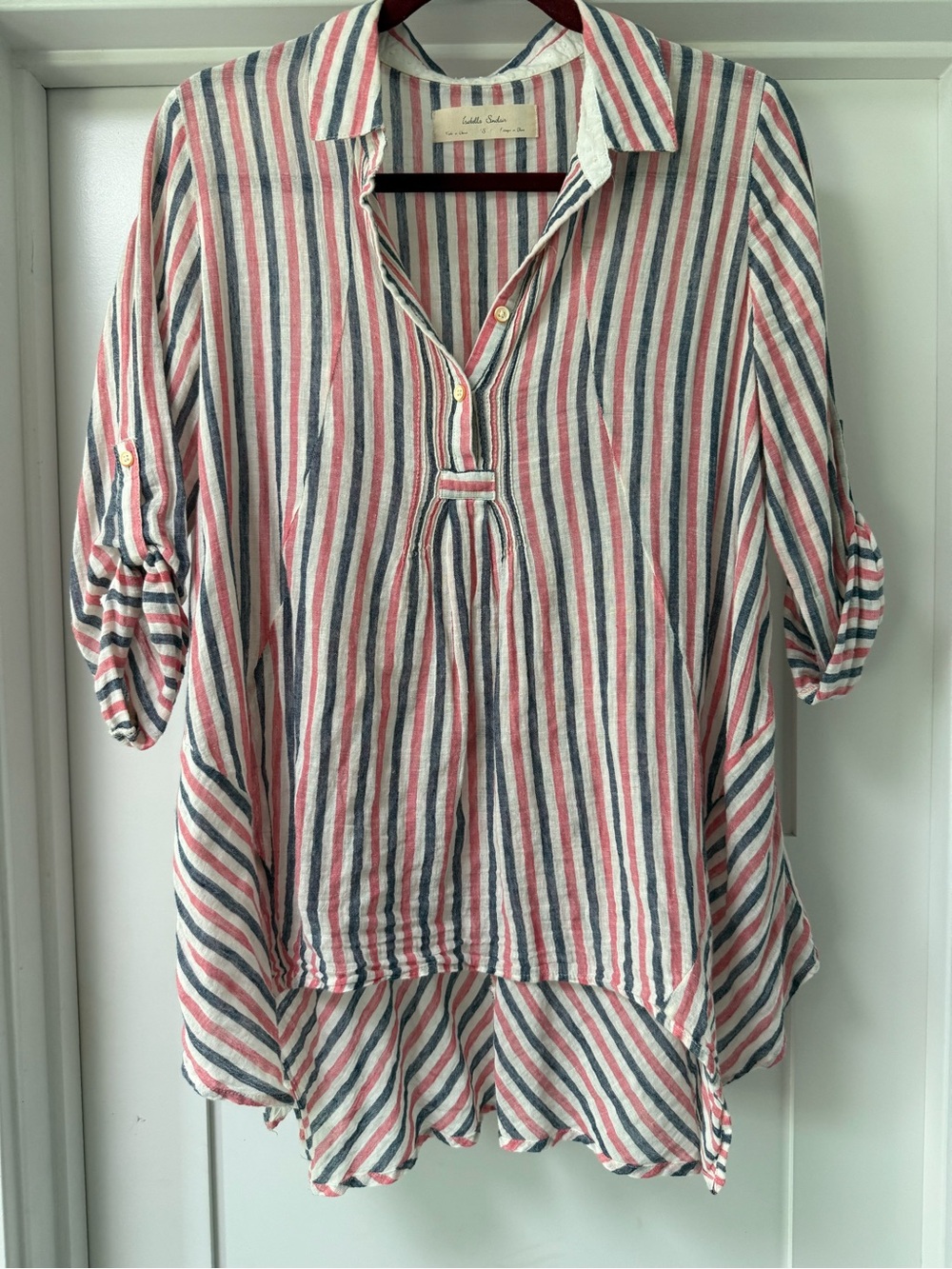 Cotton Stripe Button-Front Tunic Top - Red & Blue